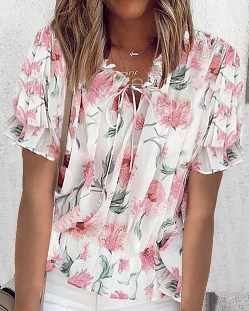 

Floral Print Tie Front Pleated T-shirt, Pink