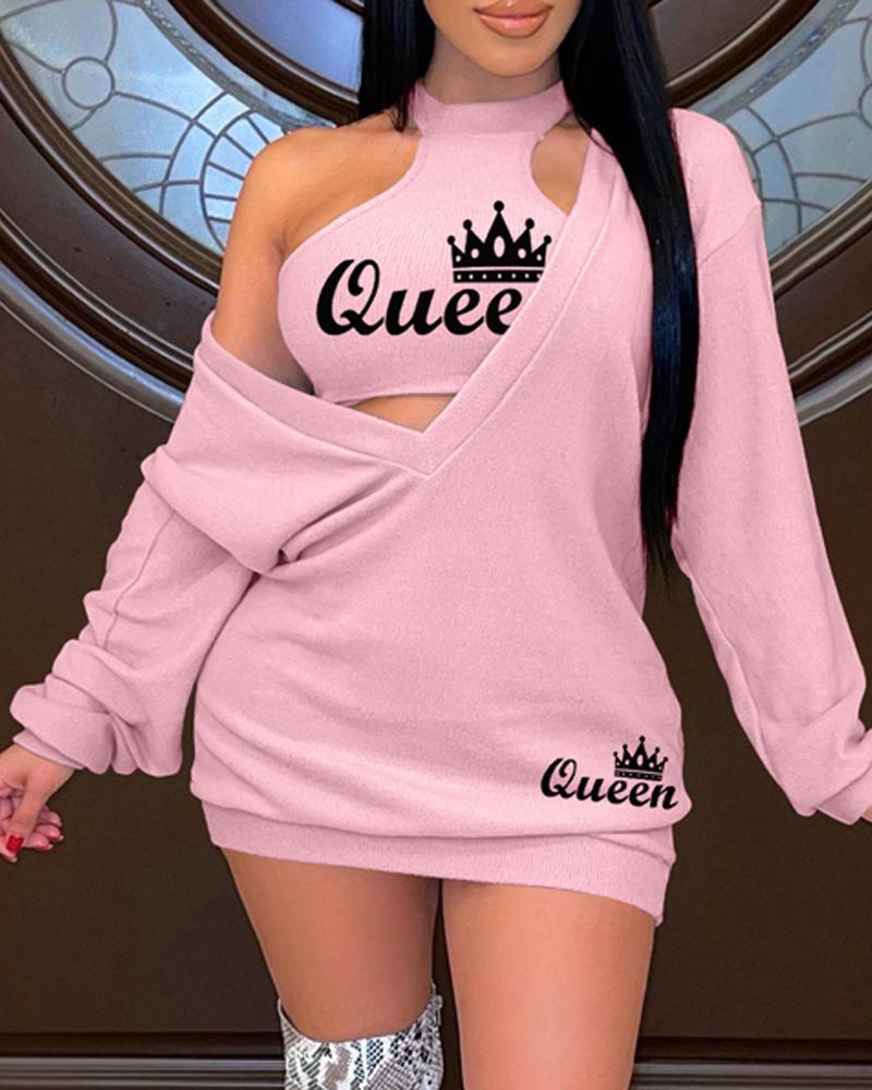 

Letter Crown Print Sweatshirt Dress With Crop Tank Top, Pink