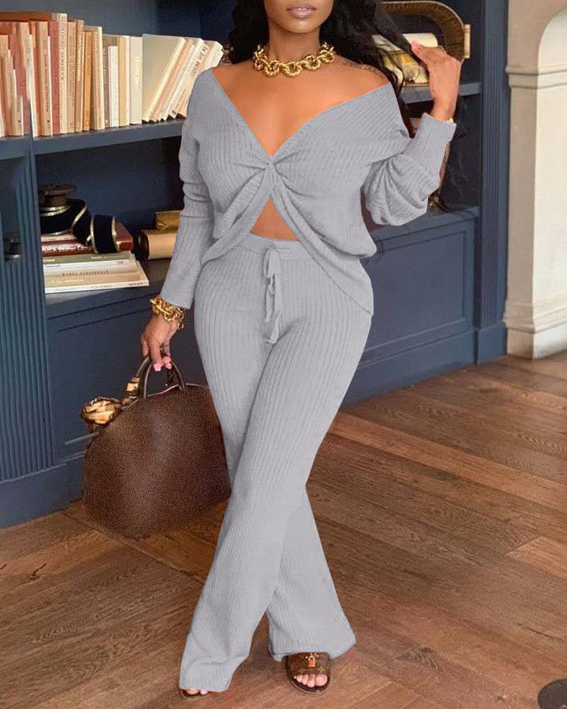 

Twisted Ribbed Long Sleeve Top & Bootcut Pants Set, Gray