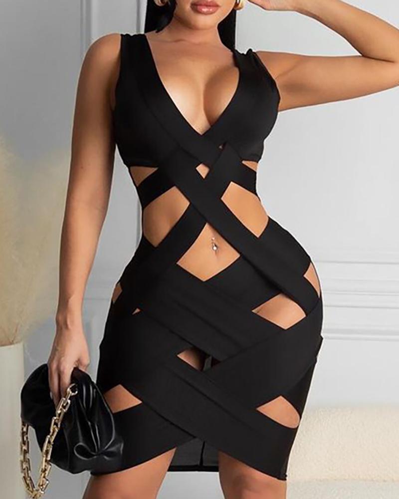 

Plain Cutout Sleeveless Bodycon Dress, Black