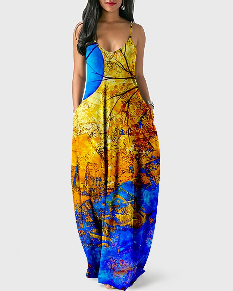 

Plus Size Plants Print Spaghetti Strap Maxi Dress, Blue