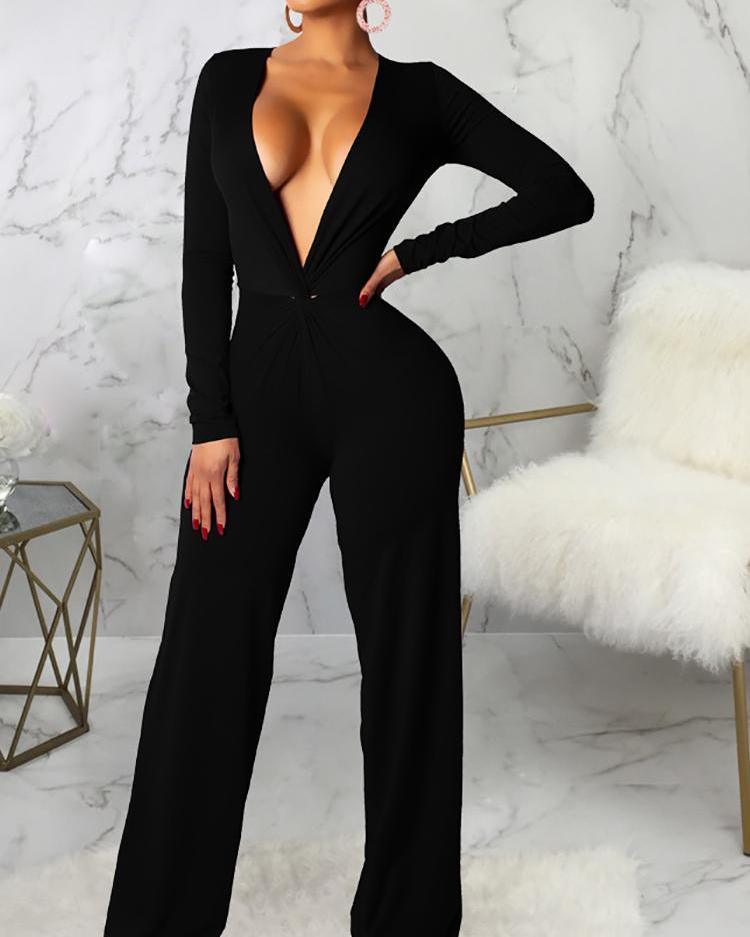 

Deep V-Neck Ruched Deign Jumpsuit, Black