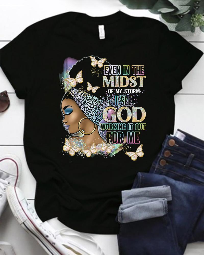 

Plus Size Figure Letter Butterfly Print Casual T-shirt, Black