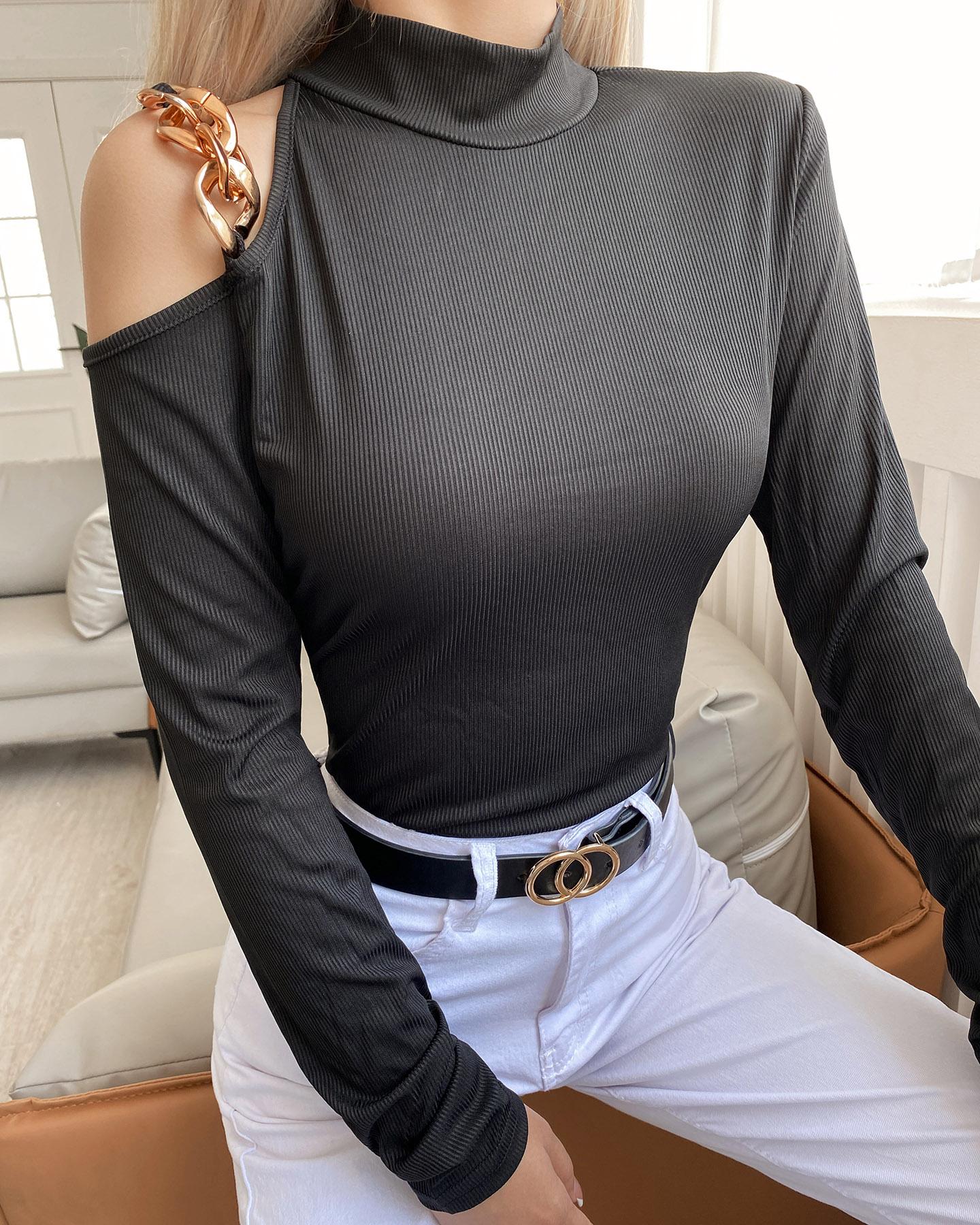 

Chain Strap One Shoulder Long Sleeve Top, Black