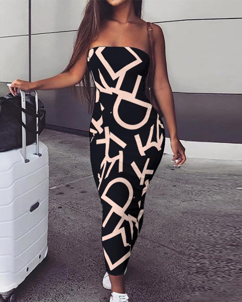 

Bandeau Letter Pattern Print Maxi Dress, Black