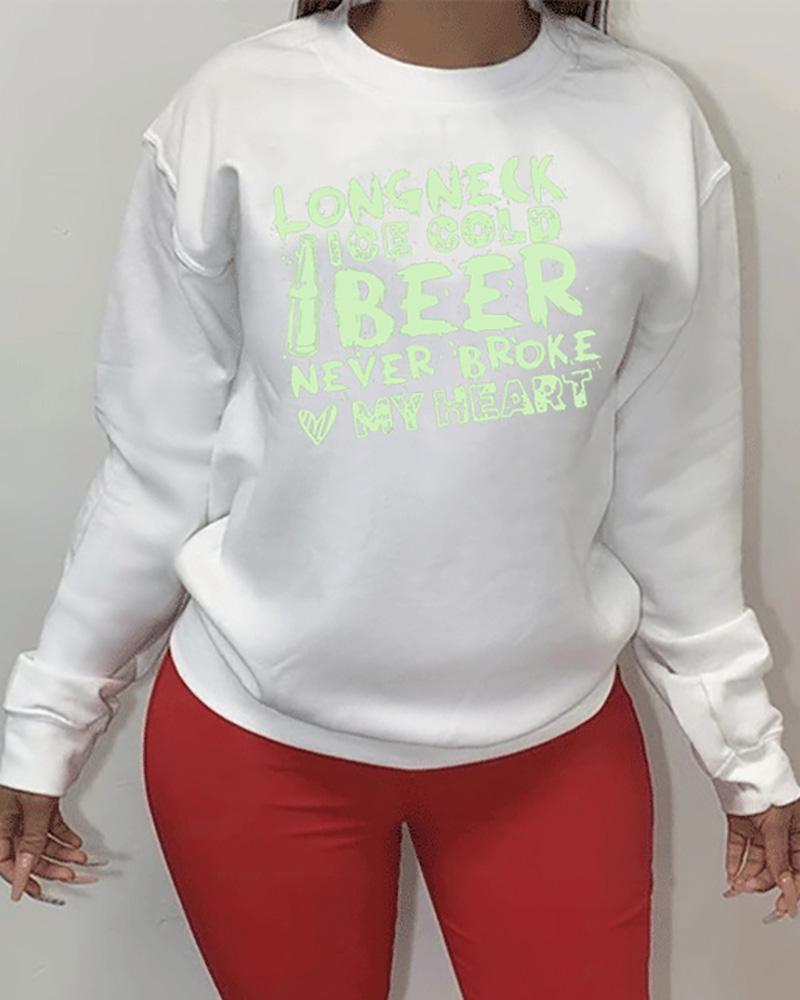 

Letter Print Long Sleeve Casual Top, White