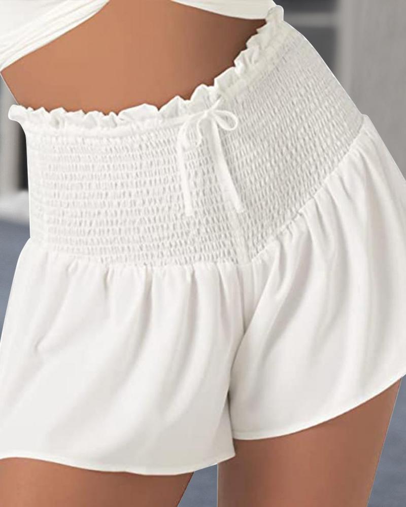 

Wide Leg Shirred Drawstring Shorts, White