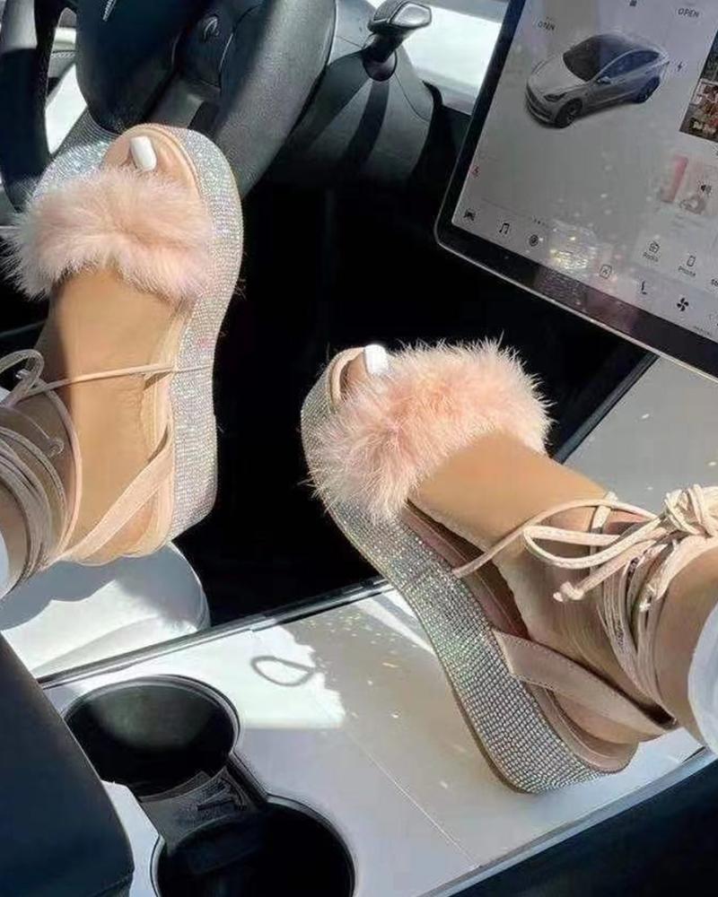 

Multicolor Fluffy Upper Strappy Flat Sandals, Pink
