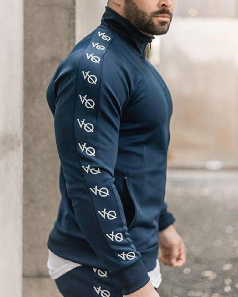 

Letter Printing Long Sleeve Sporty Coat, Purplish blue