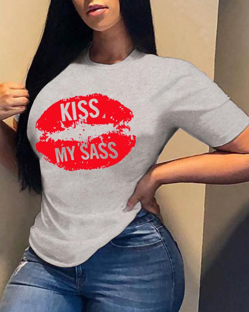 

Lip And Letter Print Short Sleeve T-shirt, Gray