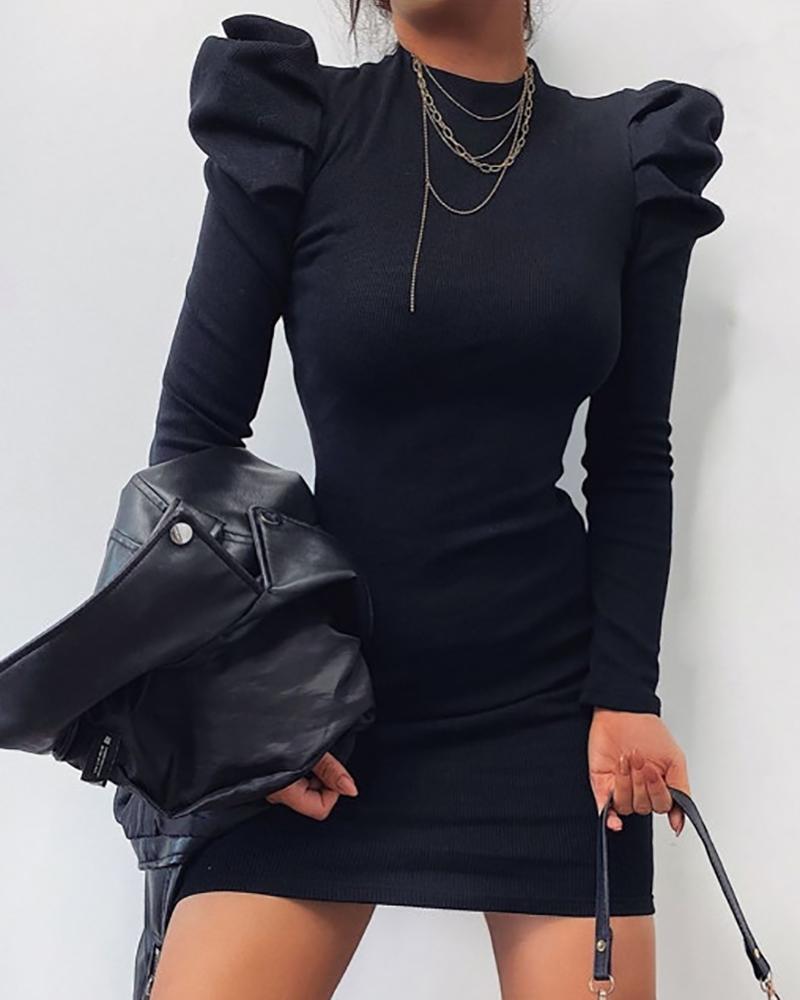 

Puff Long Sleeve Knit Bodycon Dress, Black