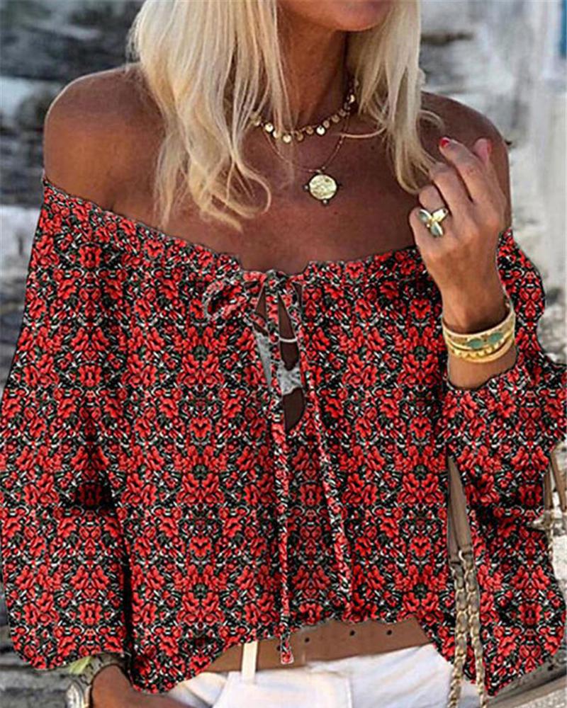 

Slash Neck Printed Floral Long Sleeve Chiffon Blouse, Style2