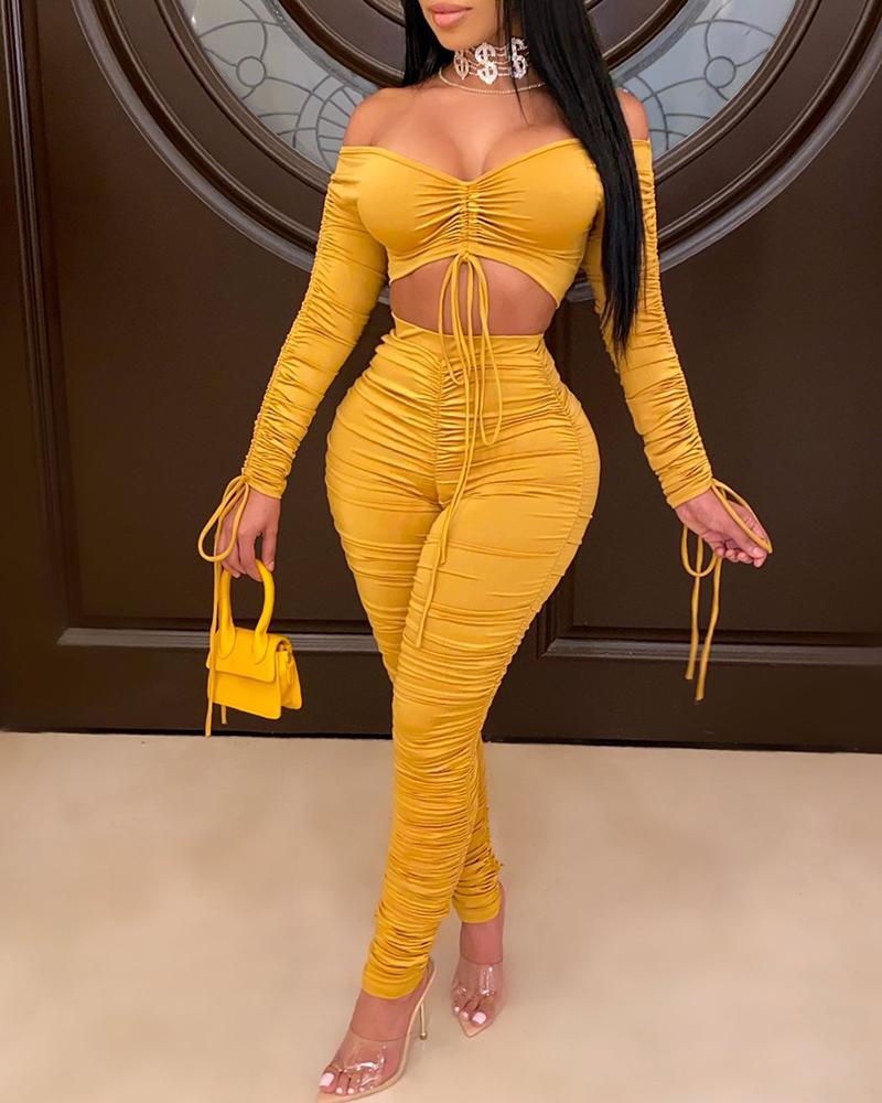 

Off Shoulder Drawstring Ruched Top & Pants Sets, Yellow