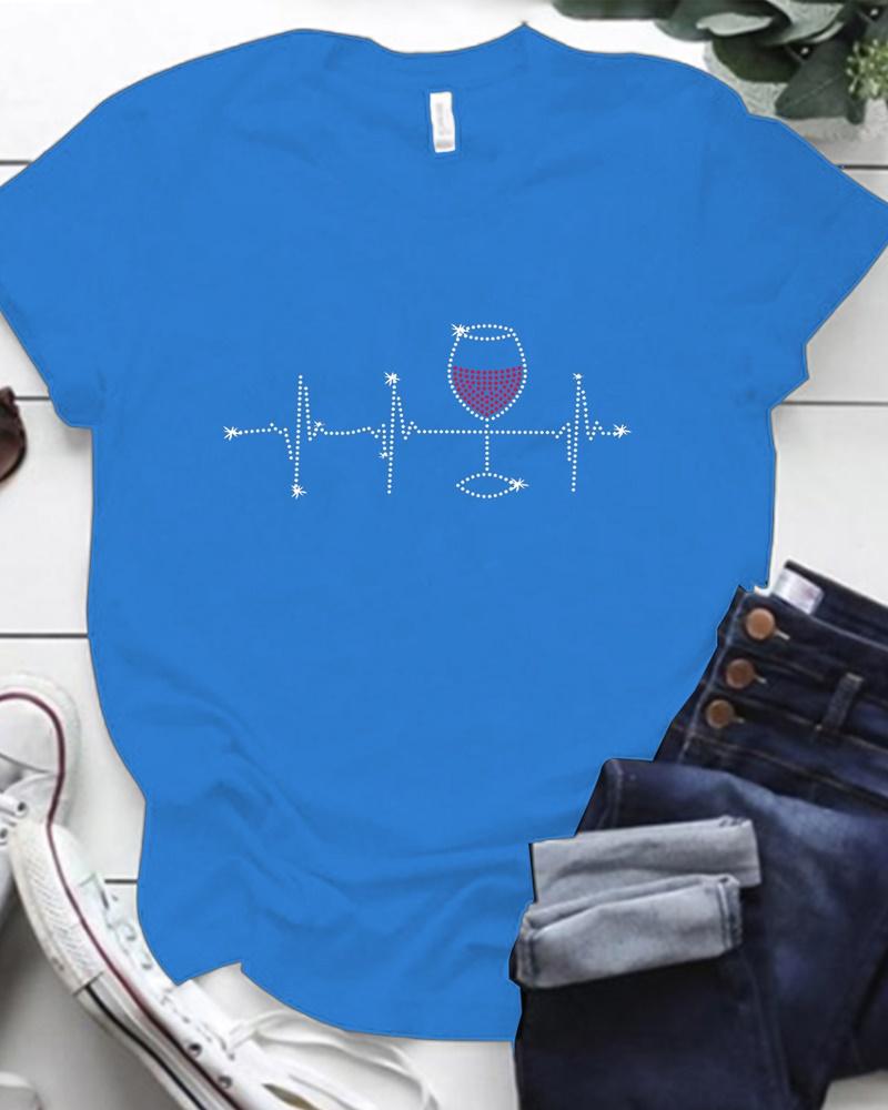 

Christmas Rhinestone Wine Glass Pattern Casual T-shirt, Blue