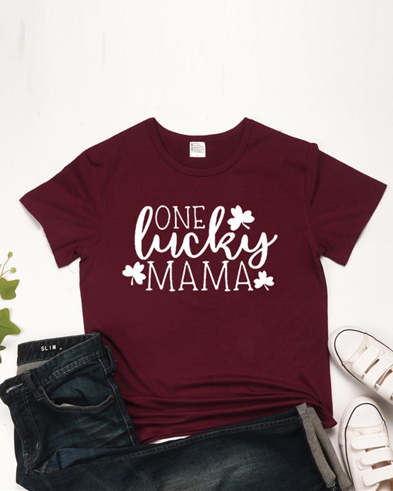 

St.Patrick' Day Letter Graphic Print Short Sleeve T-Shirt, Wine red