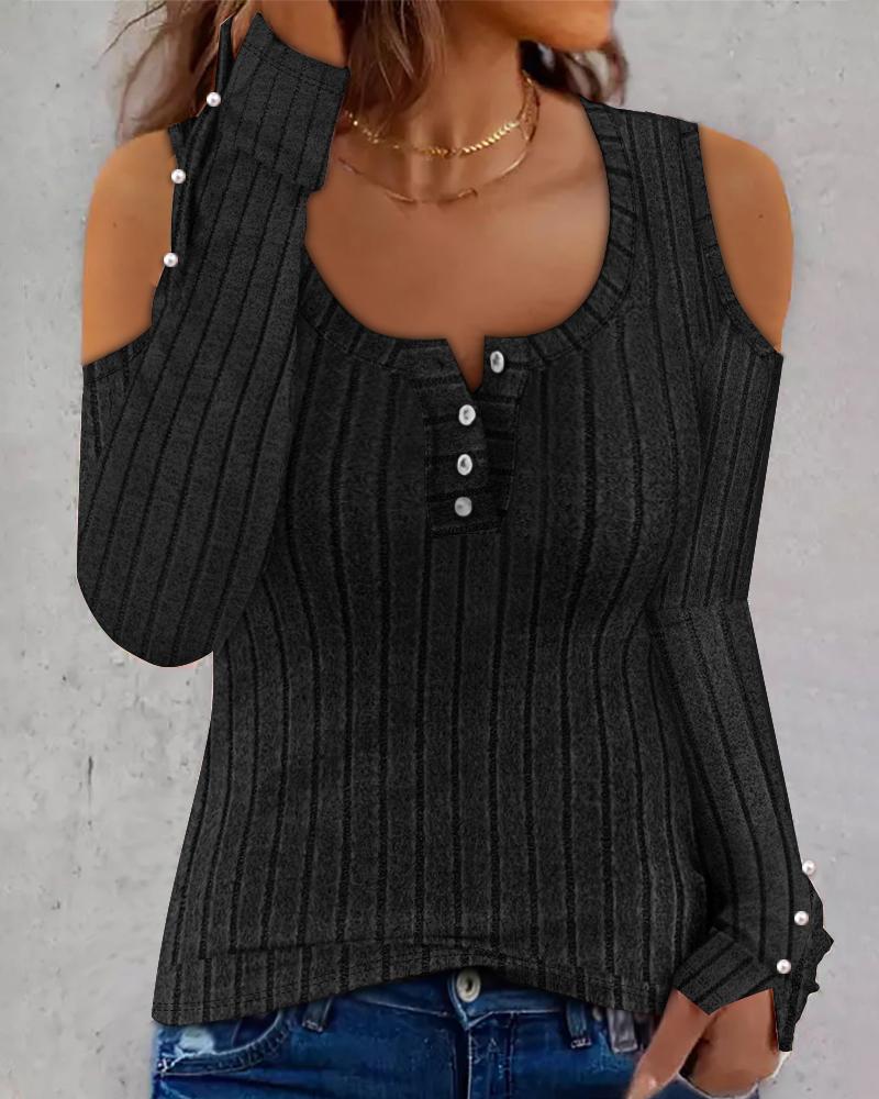 

Cold Shoulder Beaded Buttoned Ribbed Top, Black