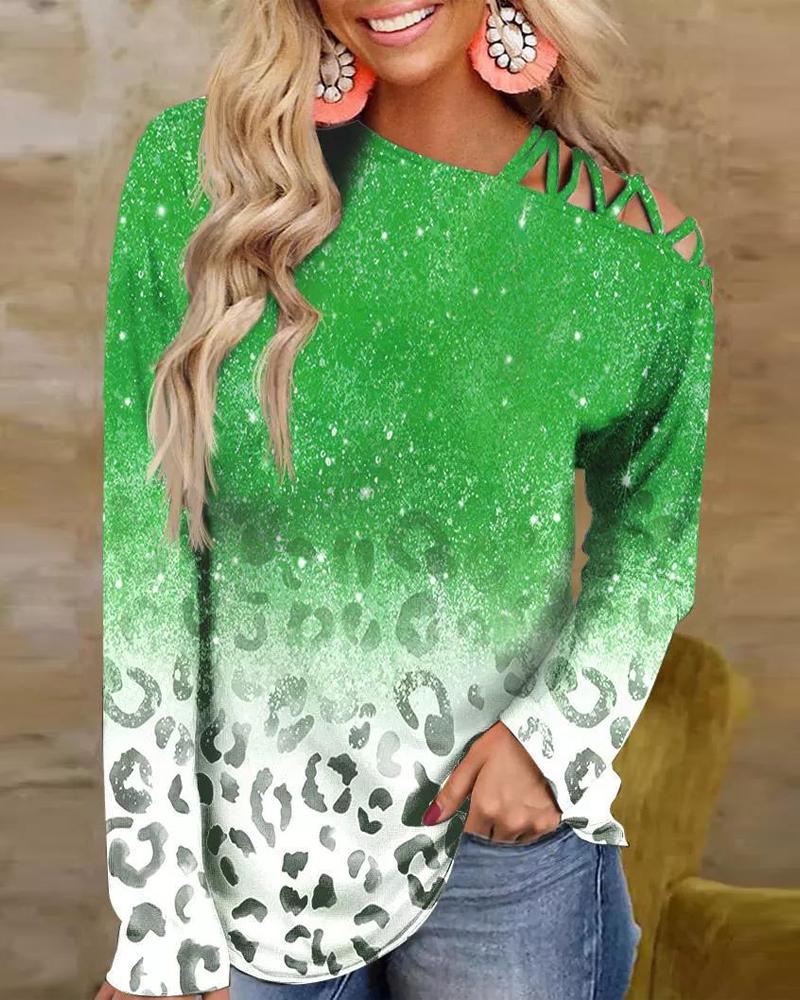 

Leopard Glitter Print Cold Shoulder Top, Green