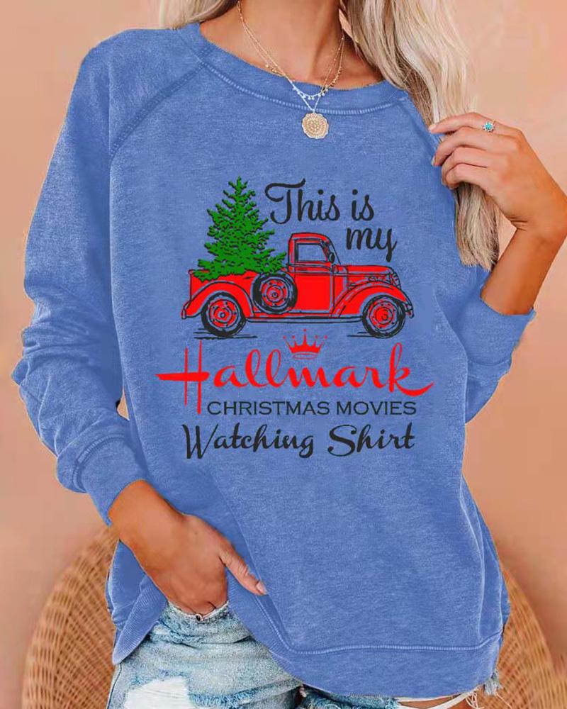 

Christmas Tree Car Letter Print Long Sleeve Sweatshirt, Blue