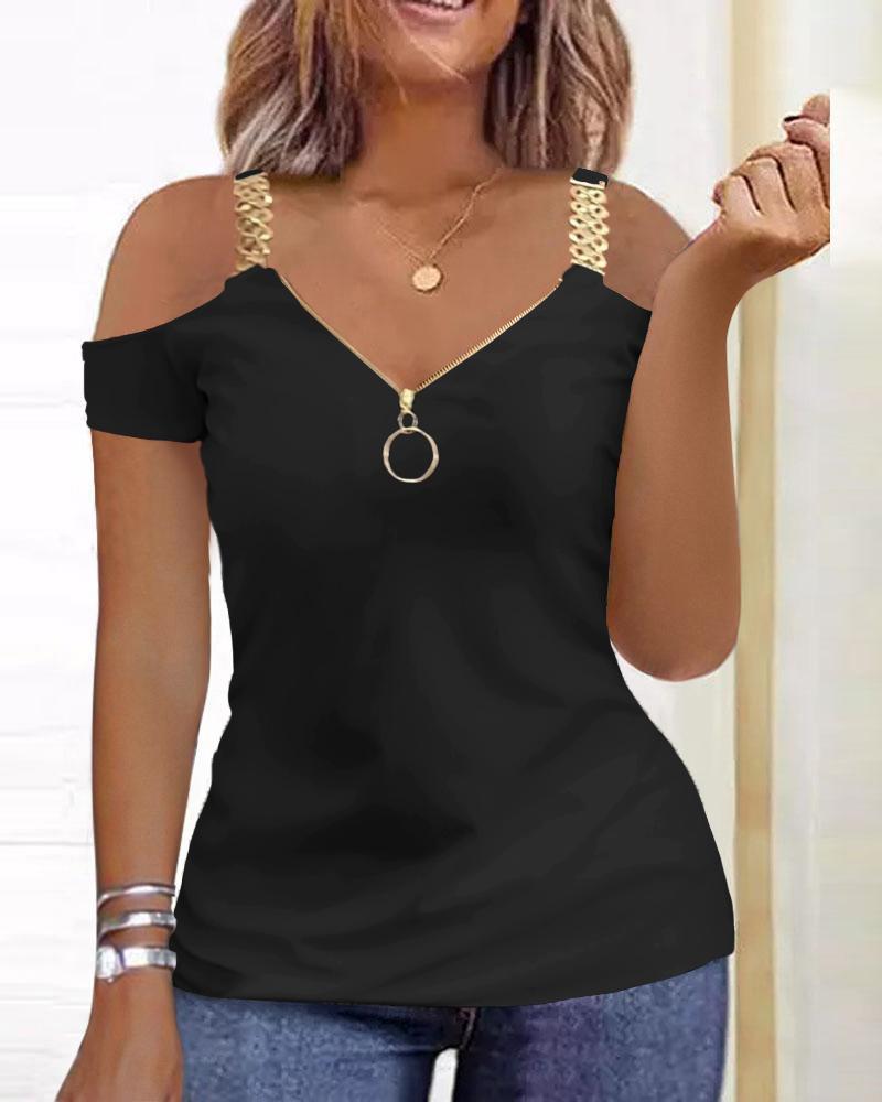 

Cold Shoulder Zipper Fly Top, Black