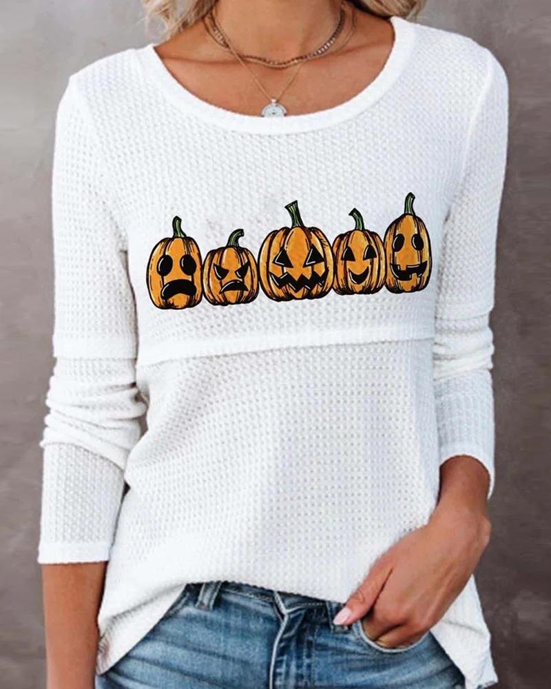 

Halloween Pumpkin Print Long Sleeve Top, White