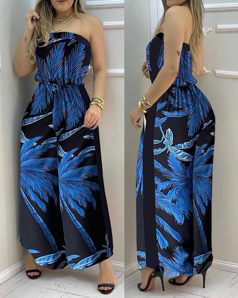 

Tropical Print Bandeau Wide Leg Jumpsuit, Purplish blue