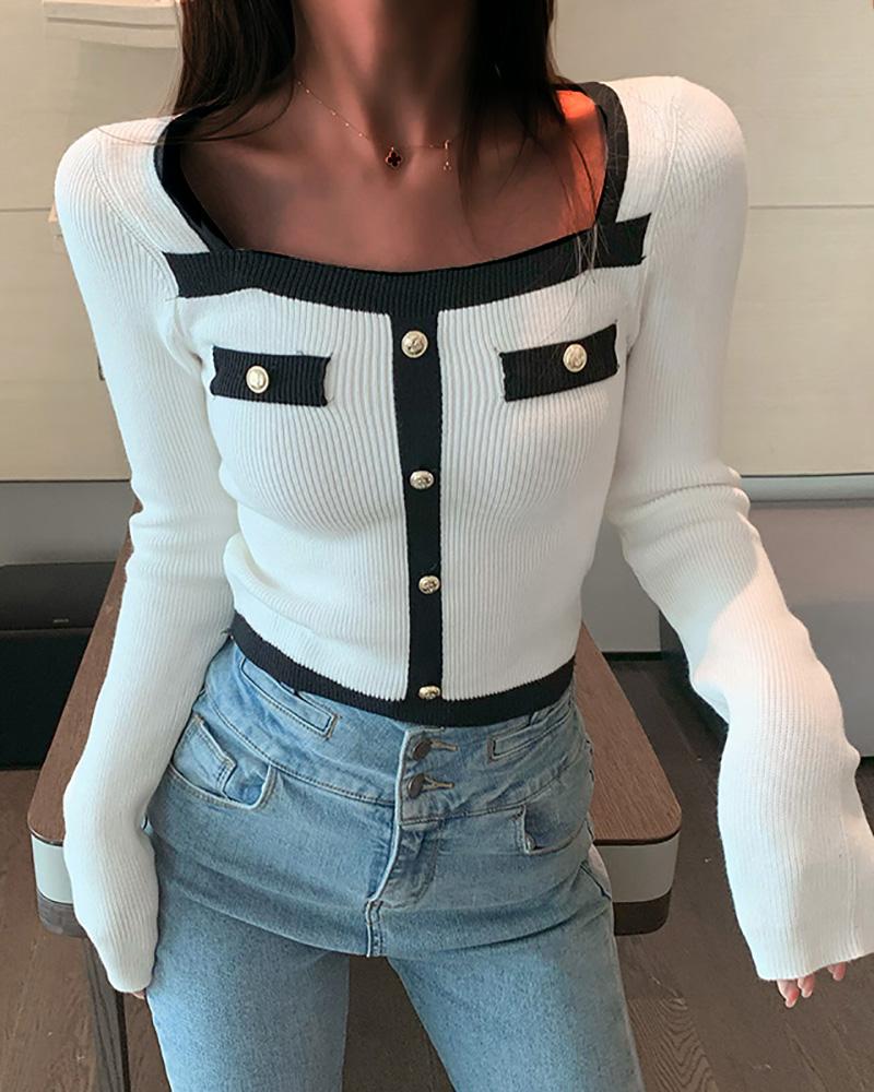 

Long Sleeve Contrast Binding Buttoned Knit Top, White