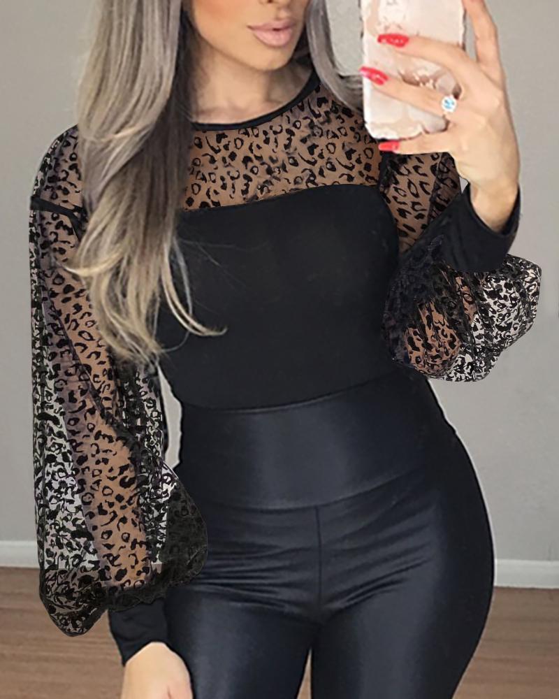 

Flocked Sheer Mesh Lantern Sleeve Top, Black