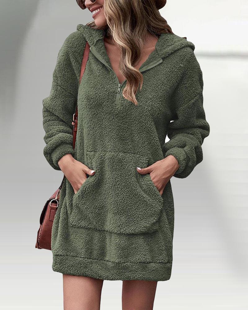 

Long Sleeve Zipper Detail Fluffy Hoodie, Green