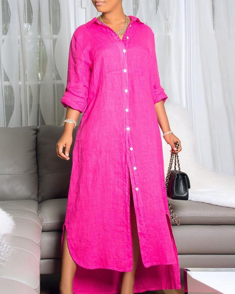 

Solid Buttoned Long Sleeve Shirt Dress, Hot pink