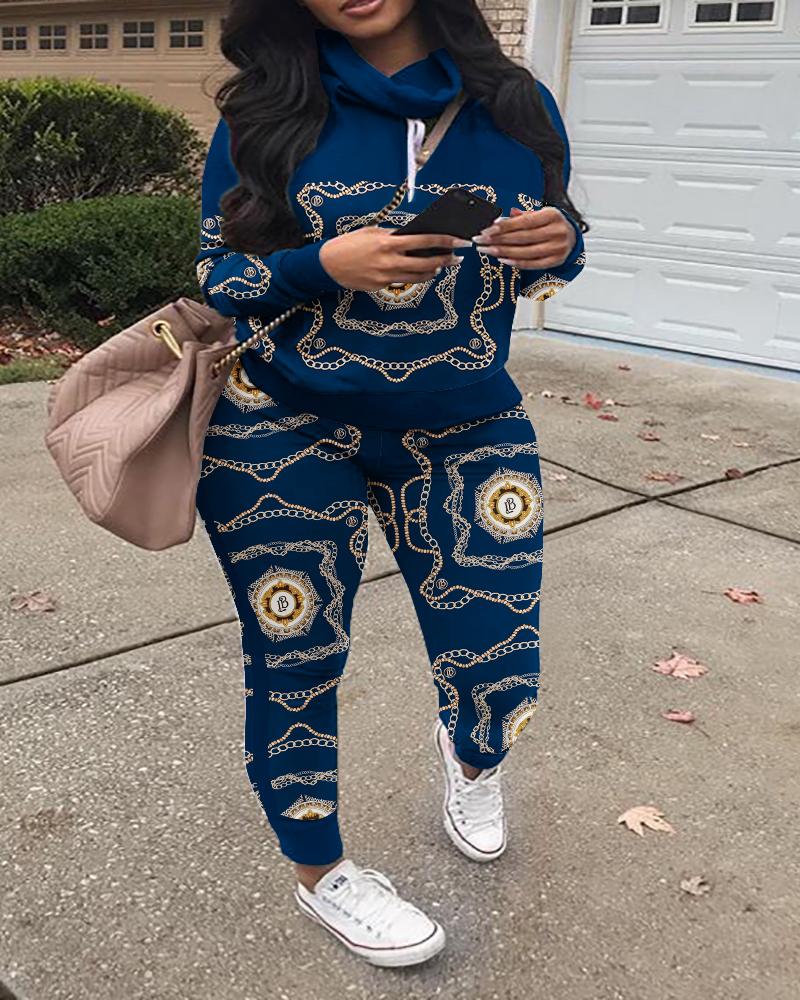 

Plus Size Chain Print Long Sleeve Hoodie & Pants Set, Blue