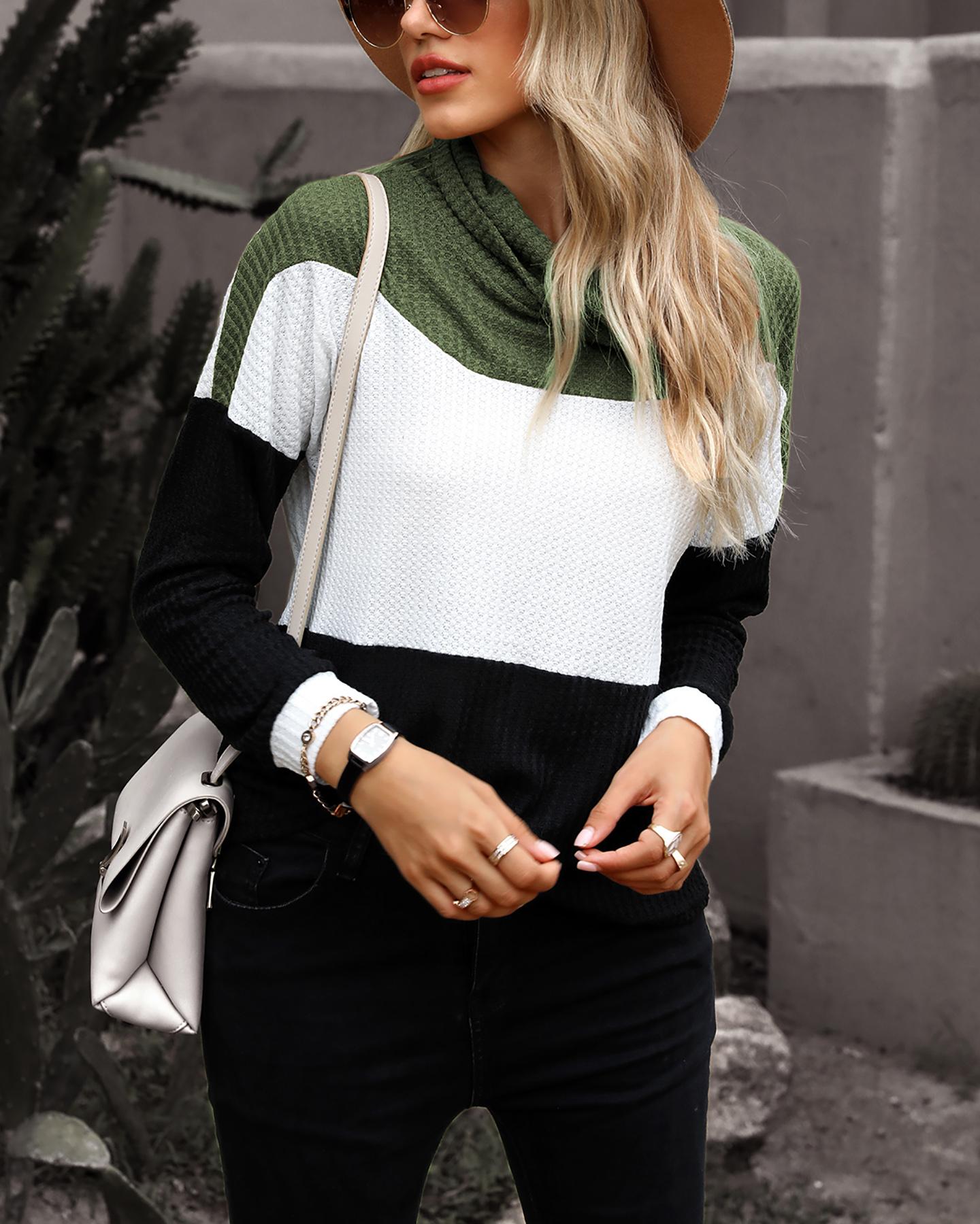 

Colorblock Long Sleeve Casual Sweater, Army green