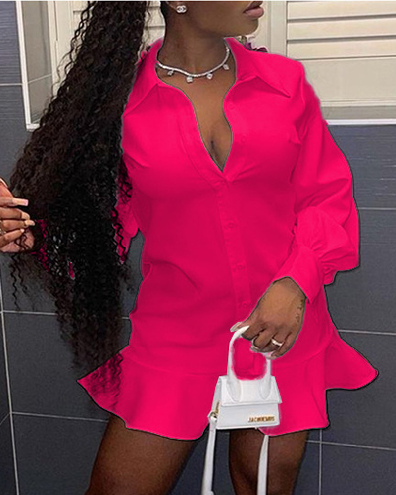 

Plus Size Long Sleeve Button Front Ruffle Hem Shirt Dress, Hot pink