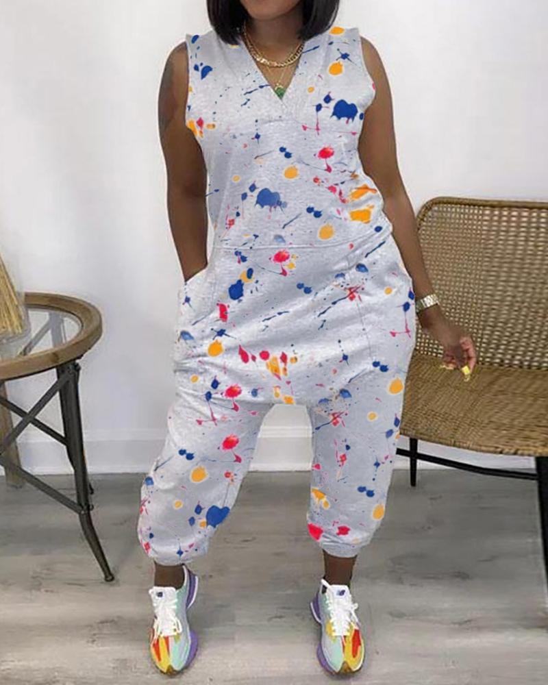 

Ink Splash Long Straight Jumpsuit, Gray