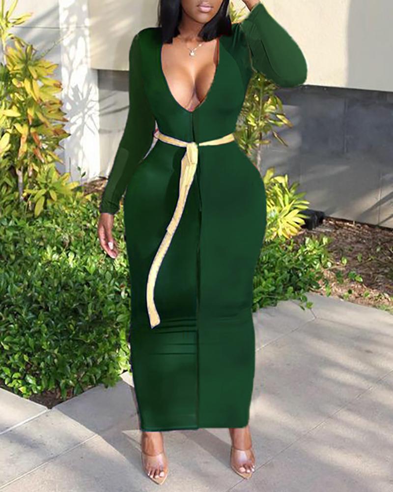 

Long Sleeve Plunge Skinny Maxi Dress With Belt, Green