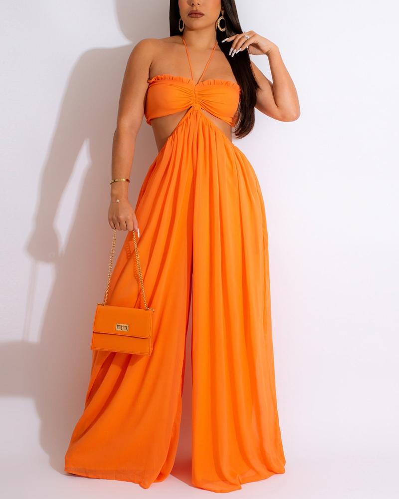 

Cutout Waist Wide Leg Flared Jumpsuit, Orange