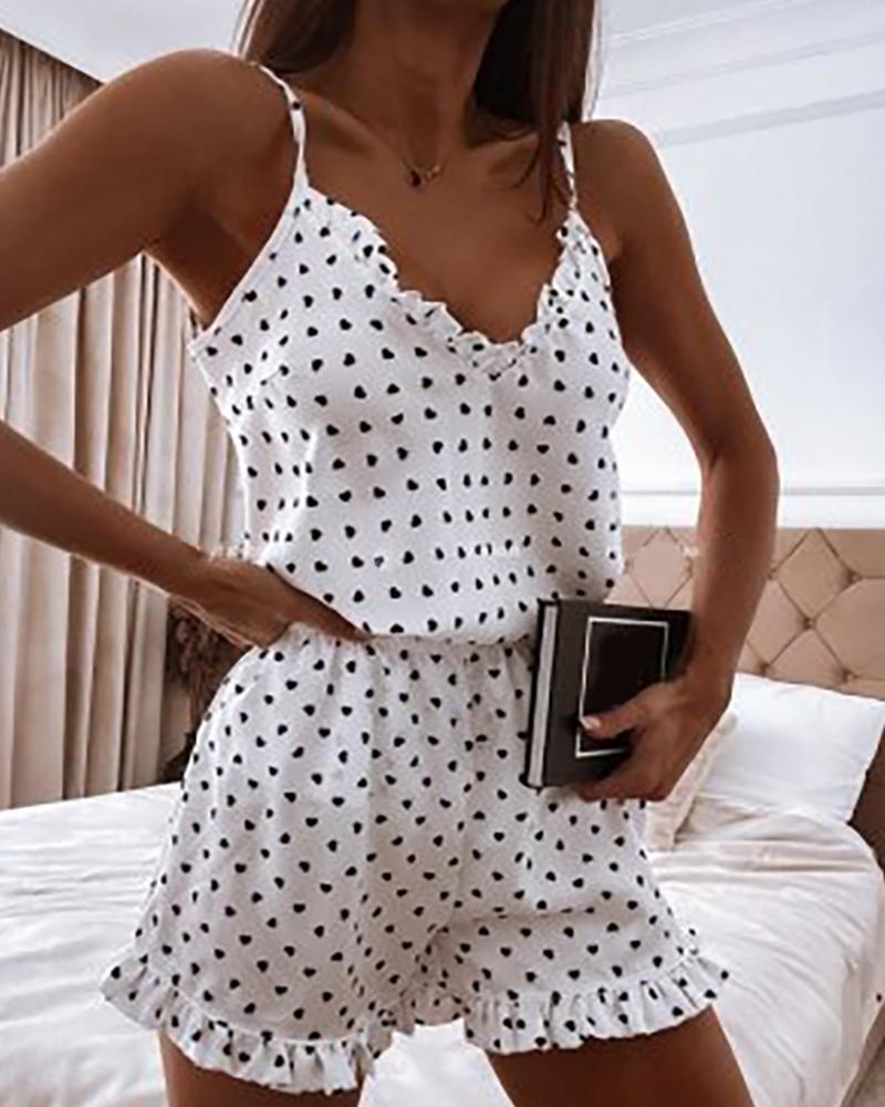 

Heart Print Frill Hem Cami Set, White
