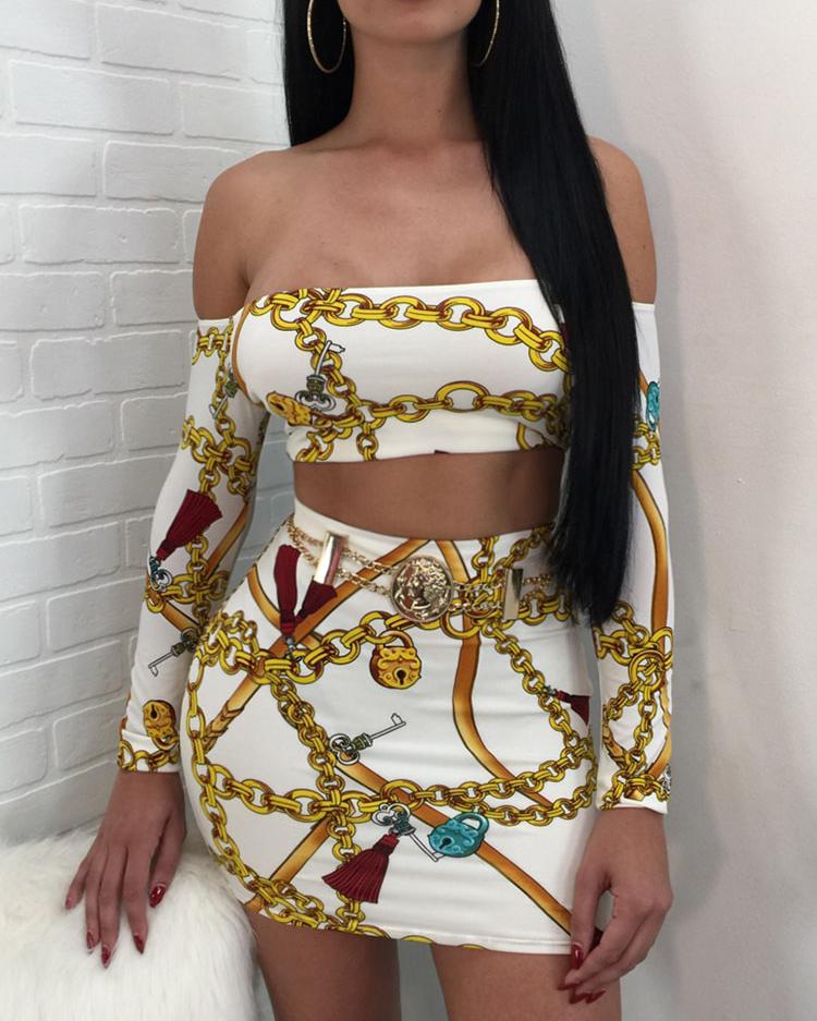 

Gold Chains Off Shoulder Cropped Top & Skirt Set, Yellow