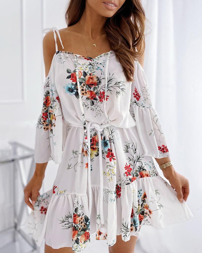 

Floral Print Cold Shoulder Ruffles Ruched Dress, White