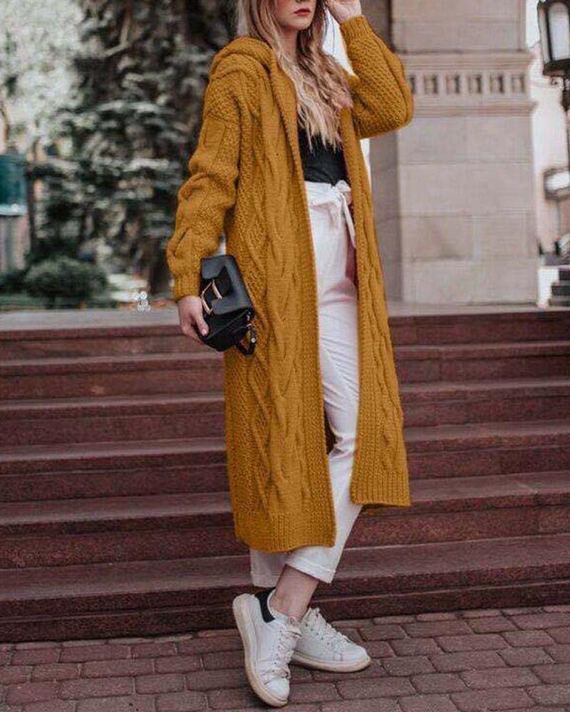 

Hooded Open Front Cable Knit Longline Cardigan, Yellow