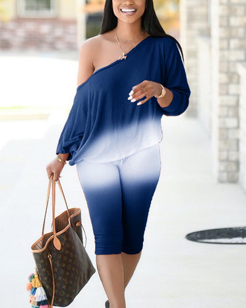 

Ombre Cold Shoulder Top & Skinny Pants Set, Blue