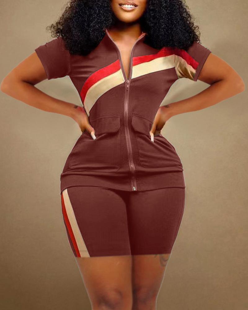 

Striped Zipper Fly Top & Shorts Set, Coffee