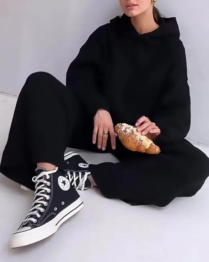 

Long Sleeve Ribbed Hooded Top & Drawstring Pants Set, Black