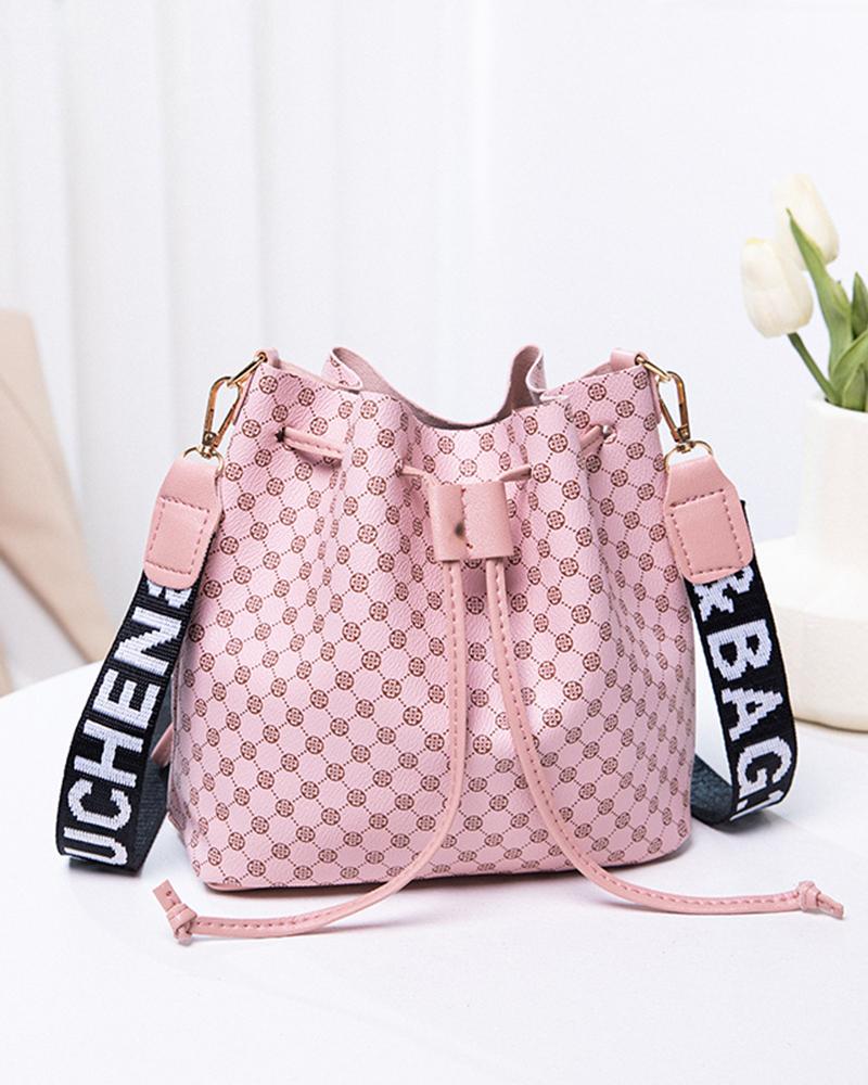 

Drawstring Letter Band Bucket Bag, Pink