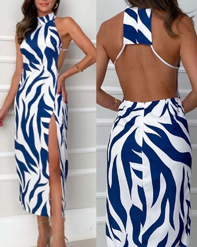 

Abstract Print Backless Side Slit Midi Dress, Blue
