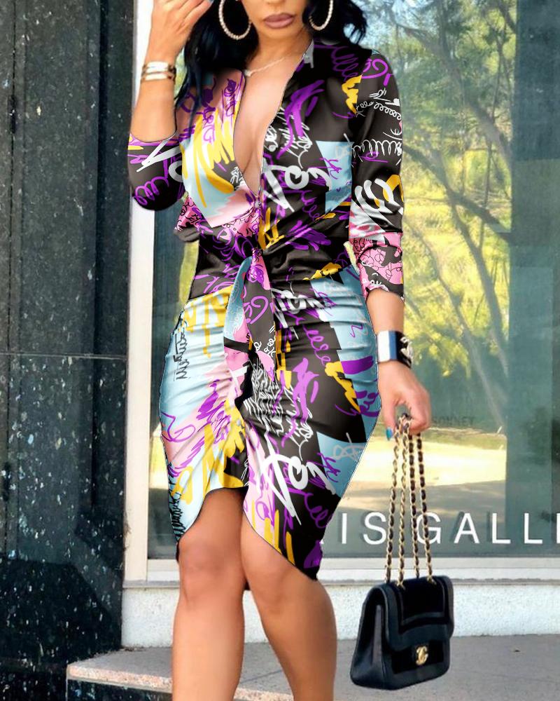 

Letter Print Tie Front Ruched Long Sleeve Midi Dress, Multicolor