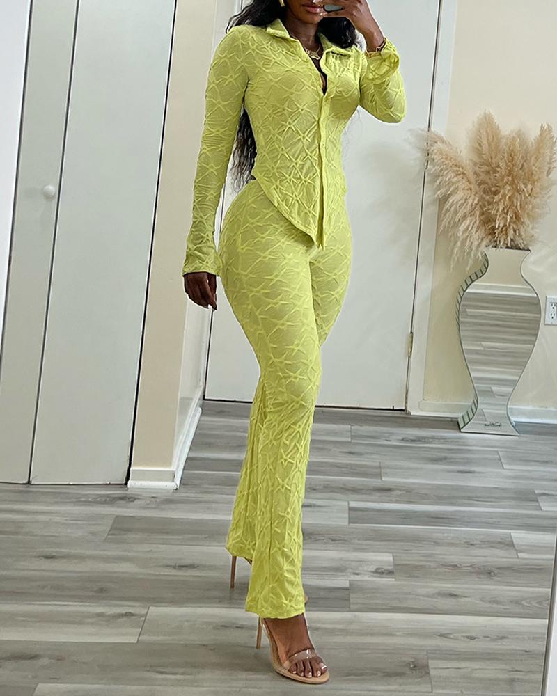 

Ensemble haut à ourlet asymétrique texturé et pantalon taille haute en jacquard étoilé, Yellow