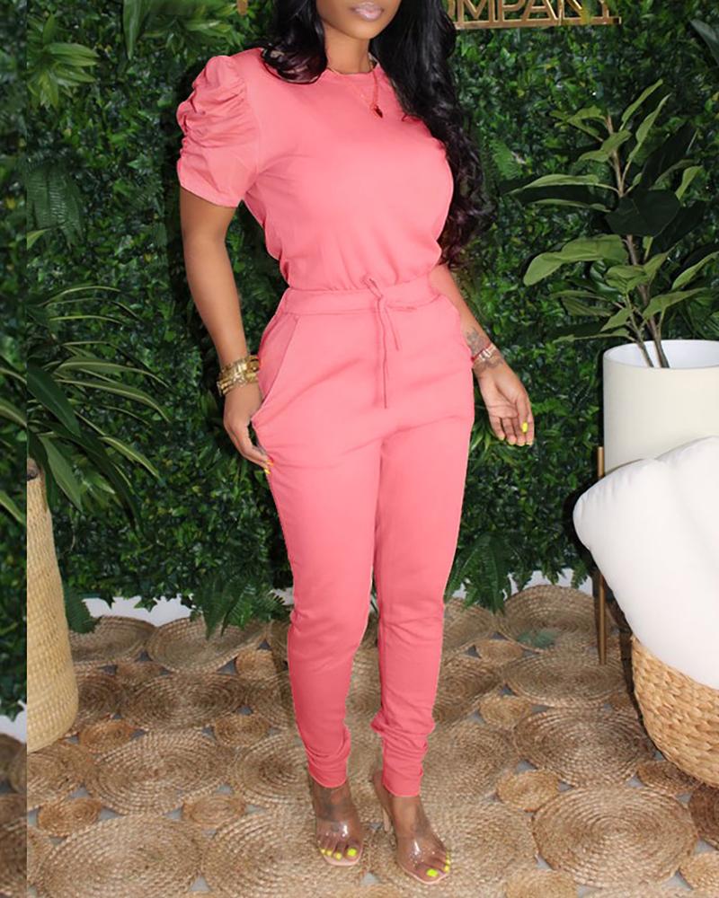 

Puffed Sleeve Women Top & Drawstring Pants Set, Pink