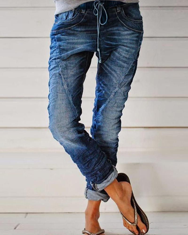 

Drawstring Elastic Waist Washed Jeans, Blue