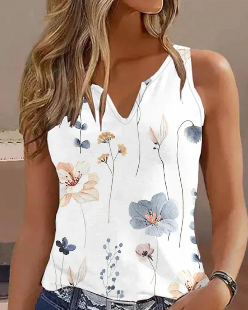 

Floral Print Notch Neck Casual Tank Top, White