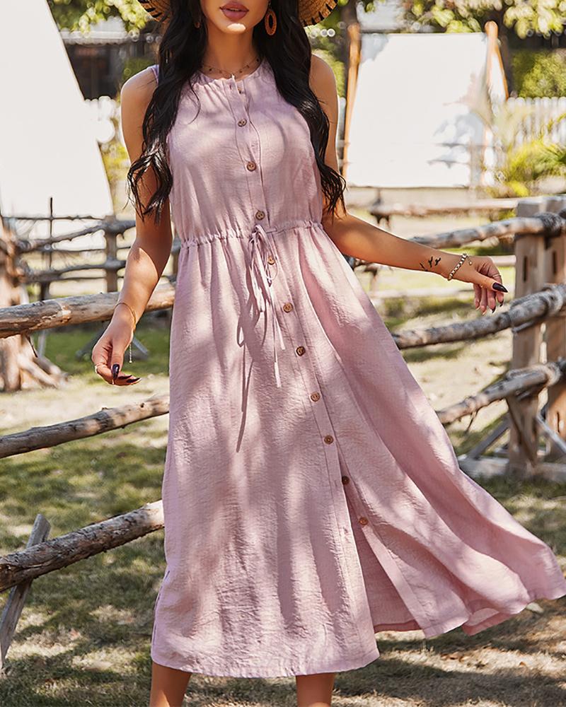 

Button Front Drawstring Ruched Casual Dress, Pink